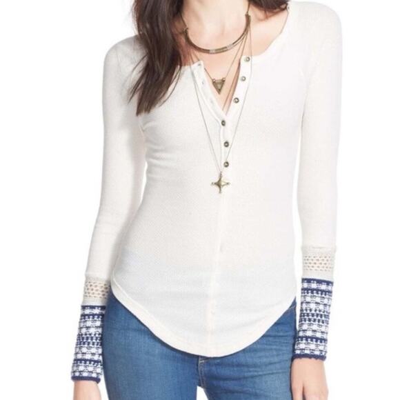 Free People light pink Newbie ski lodge Newbie crochet cuffs thermal Shirt Sz S - Picture 1 of 7